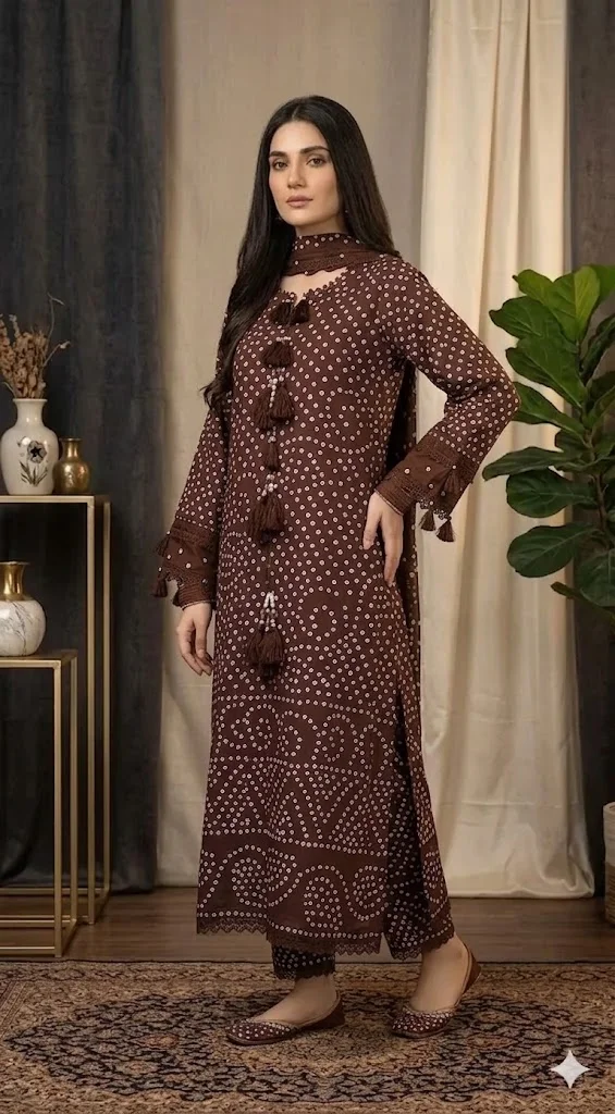 Chocolate Chiffon Bandhani Suit