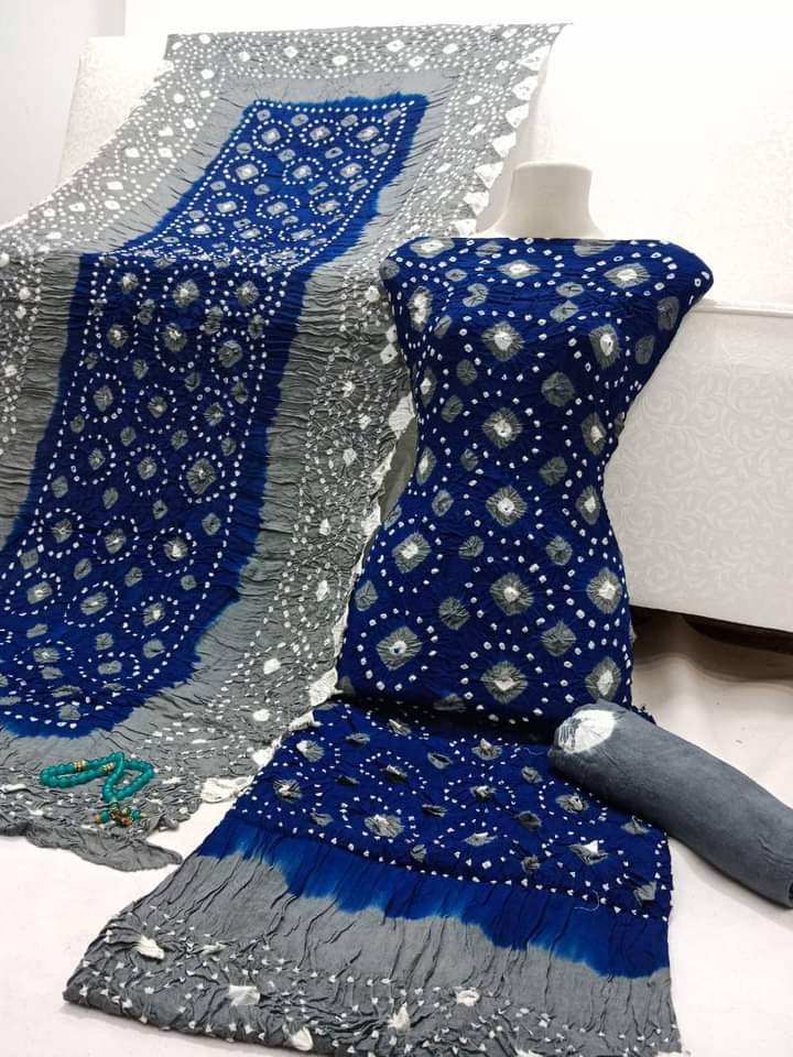 Blue Bandhani Chunri 3 Piece Unstitched Suit