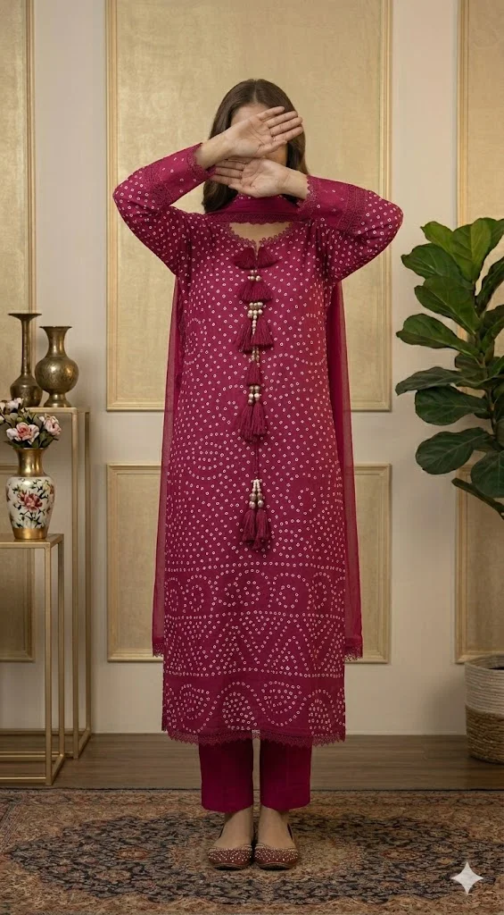 Magenta Chiffon Bandhani Suit